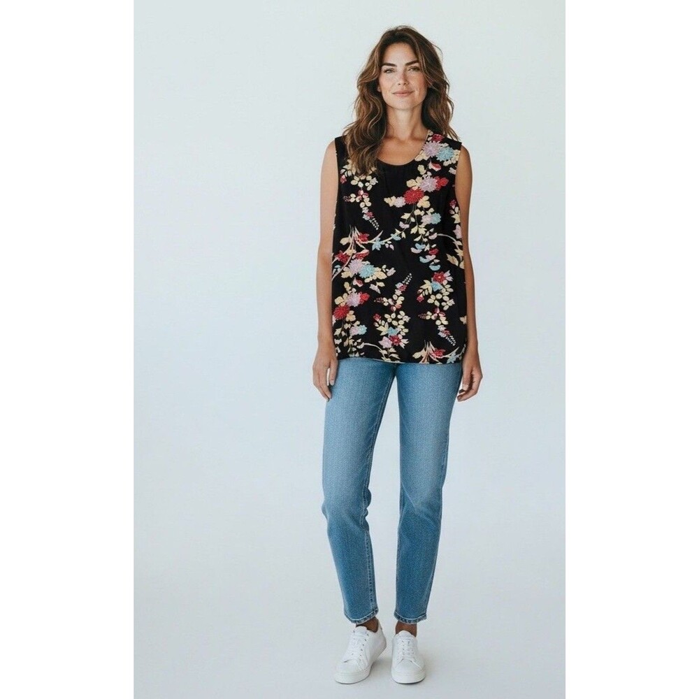 Diane Von Furstenberg Black Floral Mulberry Silk Sleeveless Shell Top Small Y2K